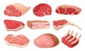 Flat vector set of meat products. Fresh beef, pork, smoked ham, raw ribs, lard. Elements for poster of butcher shop