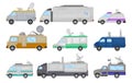 Flat vector set of media cars. Television broadcasting vans, TV news trucks. Mobile TV studio Royalty Free Stock Photo