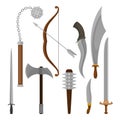 Flat vector set of medieval weapon. Viking battle axe and maces, bow with arrow, knight swords