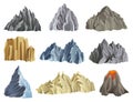 Flat vector set of mountain and volcano silhouettes. Mountaineering theme. Natural landscape element for mobile game or