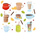 Flat vector set of mugs with tasty drinks. Delicious beverages. Coffee, hot chocolate, tea and mulled wine Royalty Free Stock Photo