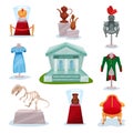 Flat vector set of museum exhibits. Golden crown, medieval knights armor, ancient jugs, dinosaur skeleton, clothes and