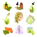 Flat vector set of natural cosmetic icons. Bottles of essential oils, jar of lotion. Organic skin care products