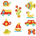 Flat vector set of objects made of colorful plastic mosaic car, fish, duck, butterfly, flower . Kids game. Children
