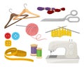 Flat vector set of objects related to sewing and knitting theme. Dressmaking instruments and materials Royalty Free Stock Photo