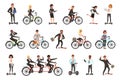 Flat vector set of office workers on different vehicles bicycle, electric hoverboard, segway, skateboard. Business