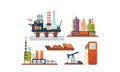 Flat vector set of oil and gas production industry icons. Oil platform, ship, factory buildings and fuel dispenser Royalty Free Stock Photo