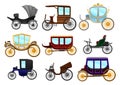 Flat vector set of old horse-drawn carriages. Vintage vehicles for passengers. Royal coach Royalty Free Stock Photo