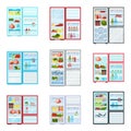 Flat vector set of open refrigerators filled with products. Fresh fruits and vegetables, meat and dairy. Food storage Royalty Free Stock Photo