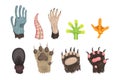 Flat vector set of paws of various animals dog, bear, cat, frog, monkey, chicken leg, horse hoof and tentacle of octopus