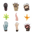 Flat vector set of paws of various animals: dog, bear, cat, frog, monkey, chicken leg, horse hoof and tentacle of