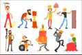 Flat vector set with people of different professions. Plumber, lumberjack, confectioner, furniture maker, janitor, car