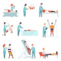 Flat vector set of people doing rehabilitation exercises with their doctors. Clinic of physiotherapy. Patients with