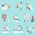 Flat vector set of people on medical examination. Doctors and patients. Professionals at work. Healthcare and treatment. Royalty Free Stock Photo