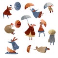 Flat vector set of people with umbrellas. Windy day. Bad weather. Men, women and kids in raincoats. Autumn season