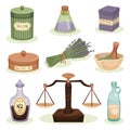 Flat vector set of pharmacy elements. Jar with talcum, cotton and drugs, bottles with liquids, mortar with pestle