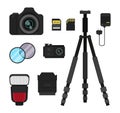 Flat vector set of photo equipment. DSLR camera, action camera, flash, tripod, lens and filters, battery charger and memory cards