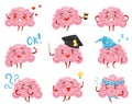 Flat vector set of pink humanized brains in different situations. Funny cartoon characters. Human organ