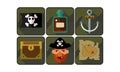 Flat vector set of pirate game icons. Black flag with skull and bones, bottle of rum, anchor, wooden chest, captain and Royalty Free Stock Photo