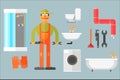 Flat vector set with plumber, tools for repair and sanitary engineering. Worker, toilet, sink, bath, shower, washing Royalty Free Stock Photo