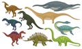 Flat vector set of prehistoric animals. Dinosaurs and sea monsters. Wild creatures from Jurassic period Royalty Free Stock Photo