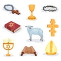 Flat vector set of religious symbols and objects. Jewish prayer book, Torah scroll, lamb and various church attributes