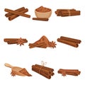 Flat vector set of rolled cinnamon sticks and powder. Aromatic condiment for food and drinks. Fragrant spice