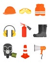 Flat vector set of safety equipment. Protective wear and boots, loudspeaker, traffic cone, gas mask and fire Royalty Free Stock Photo