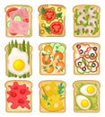 Flat vector set of sandwiches with different ingredients. Toasted bread slices with ham, strawberry, vegetables, fried Royalty Free Stock Photo