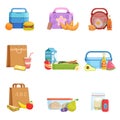 Flat vector set of school lunch boxes and bags with food and drinks. Tasty meal for kids Royalty Free Stock Photo