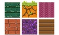 Flat vector set of seamless textures and materials for games. Dry soil with grass, wood, bricks and gems. Gaming assets