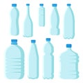 Flat vector set of small and large plastic bottles with blue lids. Empty transparent containers for mineral water or
