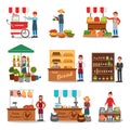 Flat vector set of street vendor selling various products. Seller near cart. Local farmers market. Fresh food on Royalty Free Stock Photo