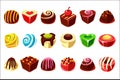 Flat vector set of tasty candies with various filling. Delicious chocolate sweets in different shapes ball, heart, cube