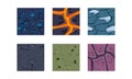 Flat vector set of textures for platform game. Lava, ground with water drops, snow and cracks. Gaming assets