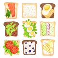 Flat vector set of toasted bread slices with different ingredients. Sandwiches with vegetables, berries, eggs and Royalty Free Stock Photo