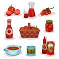 Flat vector set of tomato food and drinks. Fresh vegetable, juice in glass, delicious soup in saucepan, ketchup, canned Royalty Free Stock Photo