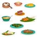 Flat vector set of traditional Malaysian dishes. Sweet desserts and snacks. Asian food Royalty Free Stock Photo