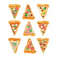 Flat vector set of triangle slices of pizza with different ingredients. Fast food. Traditional Italian dish. Elements