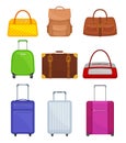 Flat vector set of various bags. Travel suitcases on wheels, women handbag, backpack, duffel bag. Traveler luggage Royalty Free Stock Photo