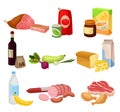 Flat vector set of various groceries. Fresh meat sausages and chicken , natural vegetables, dairy products. Healthy Royalty Free Stock Photo