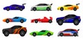 Flat vector set of various racing cars. Fast sports automobiles. Side view. Elements for advertising poster, mobile or Royalty Free Stock Photo