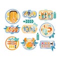 Flat vector set of various seafood dishes. Boiled crab, mussels, shrimps, salmon, tuna, sushi and sandwiches with caviar