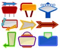 Flat vector set of various signboards. Bright billboards with place for text and arrows with small bulb lamps. Elements