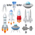 Flat vector set of various spacecrafts. Rockets with engine fire, large space shuttle, alien flying saucers and