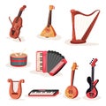 Flat vector set of various strings, keyboards and percussion musical instruments. Element for advertising banner or Royalty Free Stock Photo