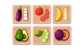Flat vector set of vegetables and fruits with slices on wooden boards. Eggplant, tomato and avocado, banana, lime and