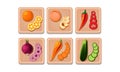 Flat vector set of vegetables and fruits with slices on wooden boards. Orange and peach, pepper, onion, carrot and Royalty Free Stock Photo