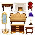 Flat vector set of vintage furniture. Antique sofa and chair, classic fireplace, table and wooden nightstand, wall Royalty Free Stock Photo
