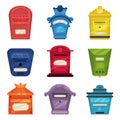 Flat vector set of vintage mailboxes. Classic wall mounted metallic postal boxes. Colorful containers for letters and